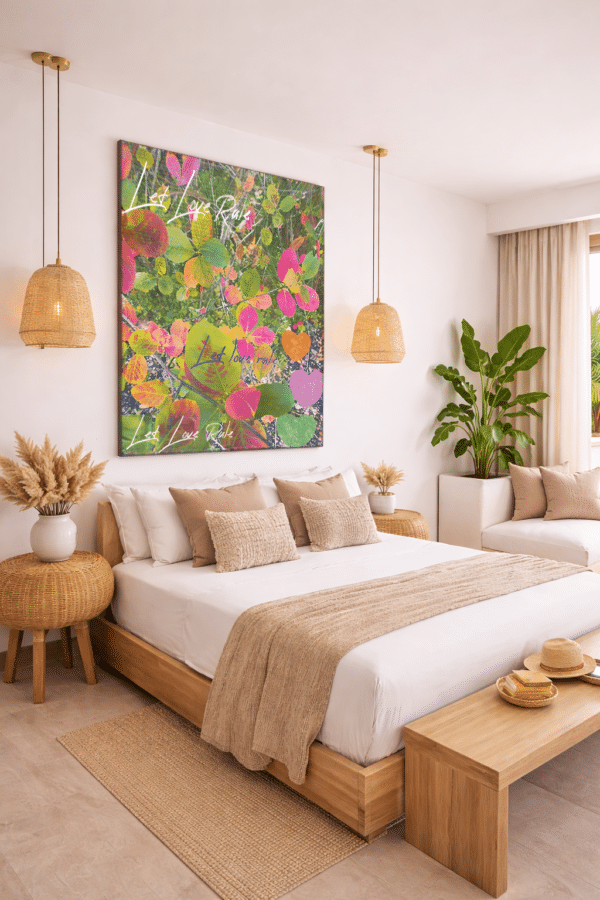 Hotelkamer-in-Ibiza-met-kunstwerk Let Love Rule