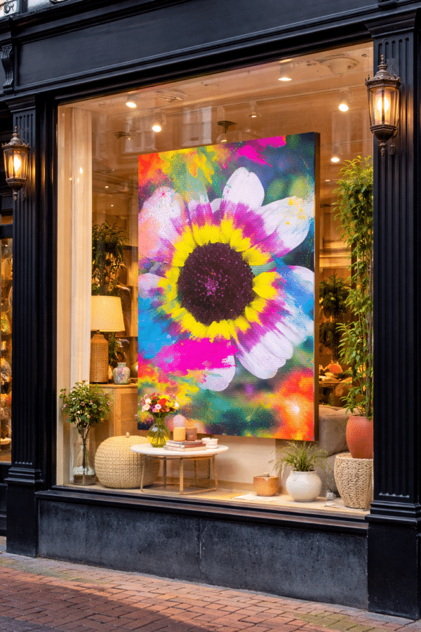 Kleurrijk-zonnebloem-kunst-in-etalage Summer of 2025