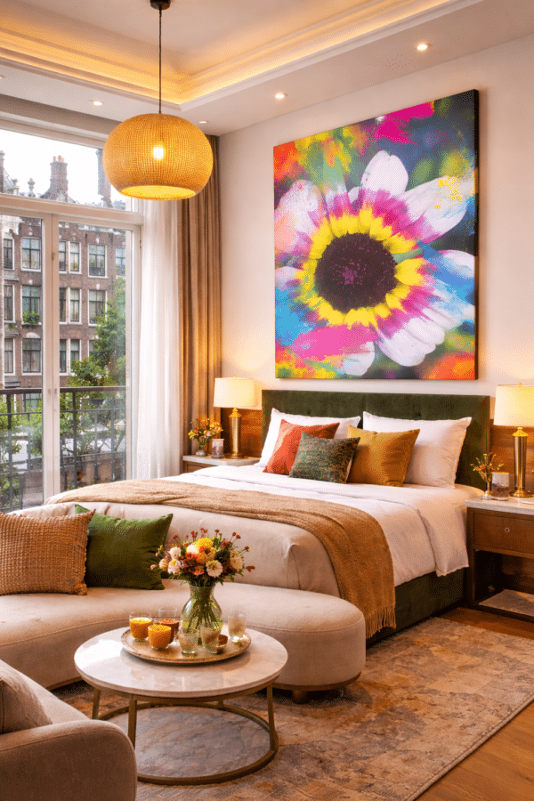 Luxe-hotelkamer-met-zonnebloemkunst Summer of 2025