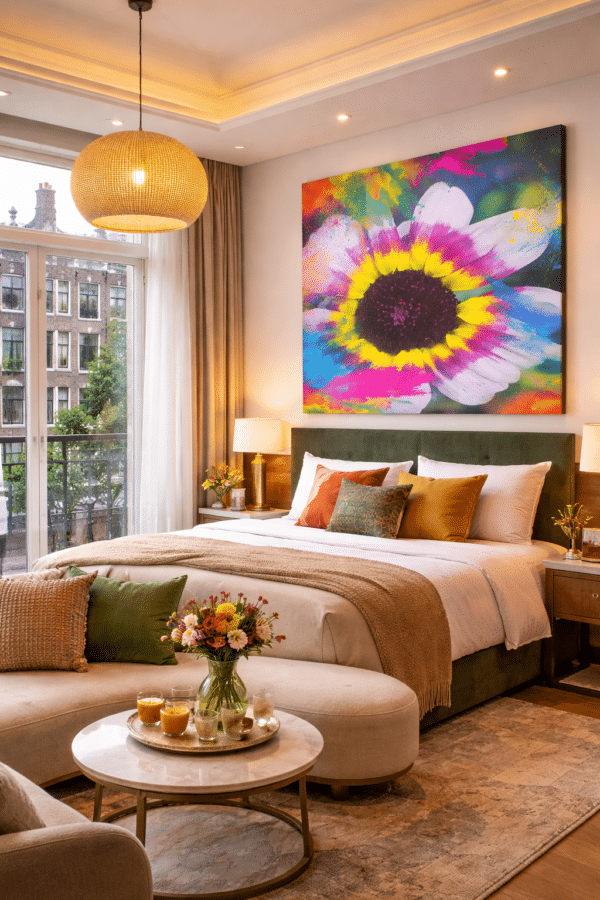 Luxe-hotelkamer-met-zonnebloemkunstwerk Summer of 2025