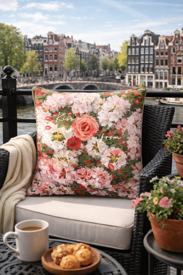 Balkon-met-bloemen-en-uitzicht-over-Amsterdam Kiss from a Rose