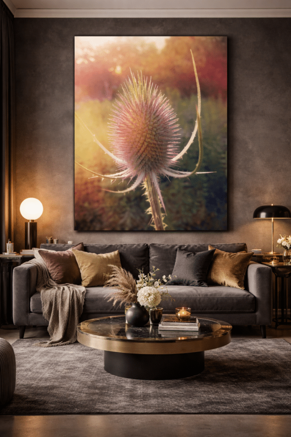 Luxueuze-woonkamer-met-teasel-kunstwerk Thistle Vibes