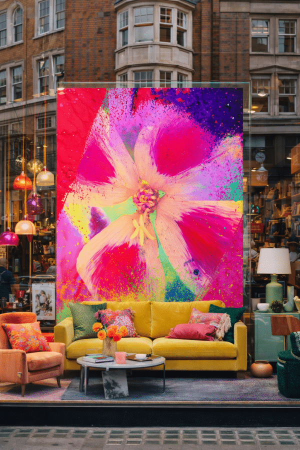 Moderne-etalage-met-kleurrijk-bloemenschilderij Woodstock