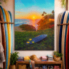 Tropisch-surfshop-met-zonsondergang-schilderij Surfin USA