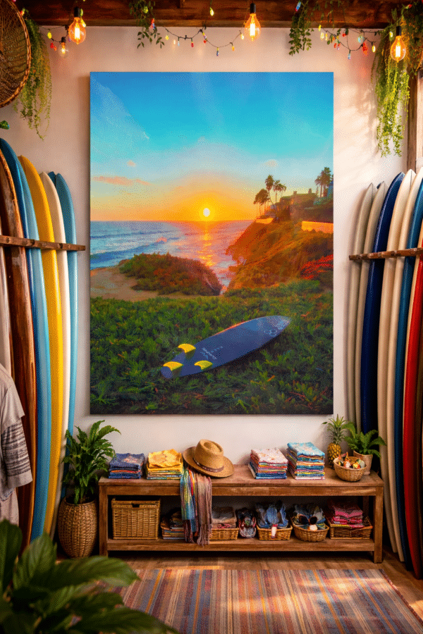 Tropisch-surfshop-met-zonsondergang-schilderij Surfin USA